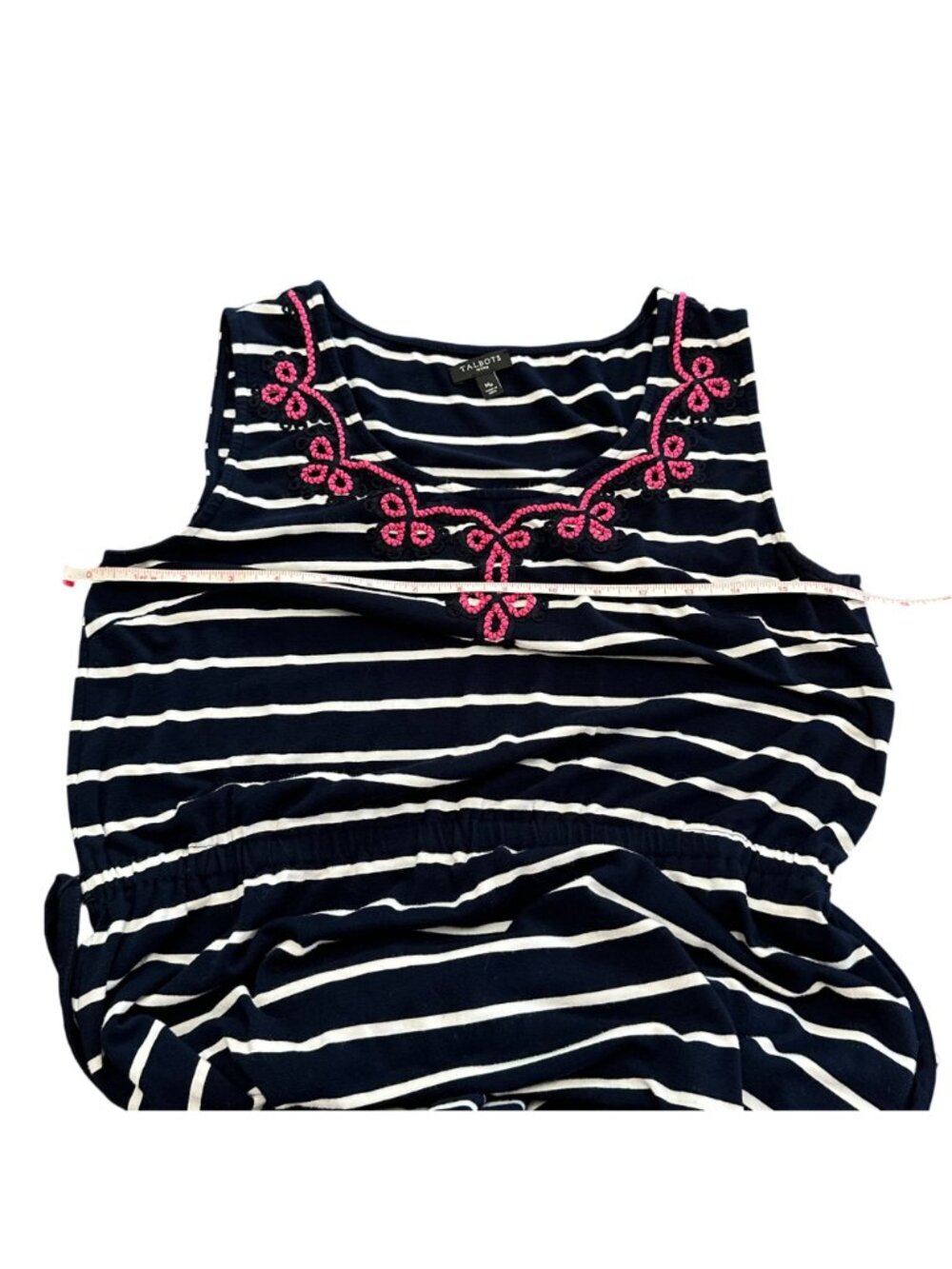 Talbots Dress Women M Petite Navy Blue White Striped Pink Embroidered Maxi Dress - Picture 14 of 16